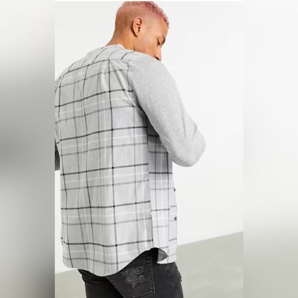 SikSilk flannel check grandad collar shirt contrast Gray Plaid Button-Up L - Picture 2 of 10